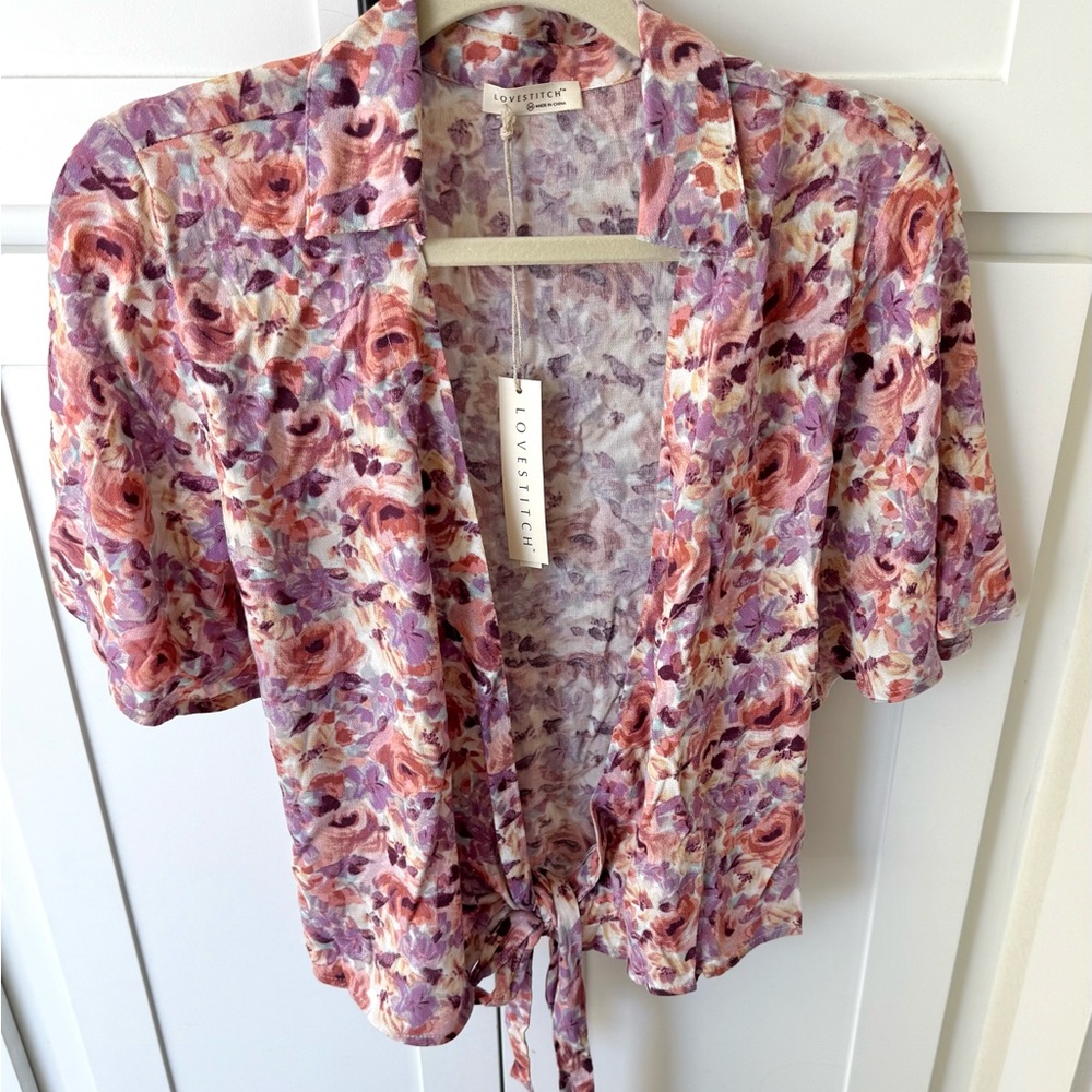NWT Love Stitch Women's Floral Tie Top - Purple and Pink M